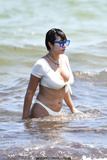 Jackie Cruz cleavage in white bikini on the beach in Miami Beach - April 28 2019