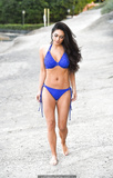 Casey Batchelor in blue bikini filming for her yoga blitz app in Tenerife - May