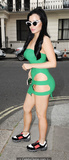 Carla Howe without underwear in short green dress in London - June 23, 2018