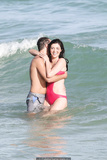 Brittny Gastineau areola slip in red monokini
