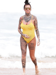 Jemma Lucy pokies in yellow swimsuit on the beach in Sydney - February 28, 2019
