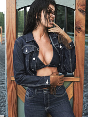 Camila Morrone sexy cleavage in denim bra