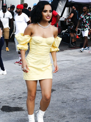 Becky G in yellow dress on the set of a music video in Miami - July 30, 2019