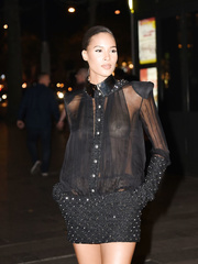 Cindy Bruna braless in see through blouse